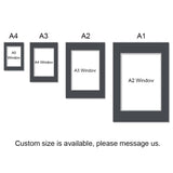 Pre-Cut Matboards, Frame Matboard with Window, Deep Grey A1, A2, A3, A4