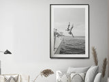 Wall Art 30cmx40cm Black and White Ocean Jump, Black Frame Canvas