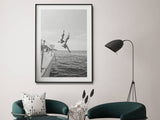 Wall Art 90cmx135cm Black and White Ocean Jump, Black Frame Canvas