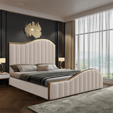 Elegant Luxury King Size Bedframe in Beige with Gas Lift Storage Velvet Fabric Golden Trim