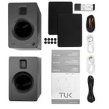 Kanto TUK 260W Powered Bookshelf Speakers with Headphone Out, USB Input, Dedicated Phono Pre-amp, Bluetooth - Pair, Matte Black with SP26PL Black Stand Bundle