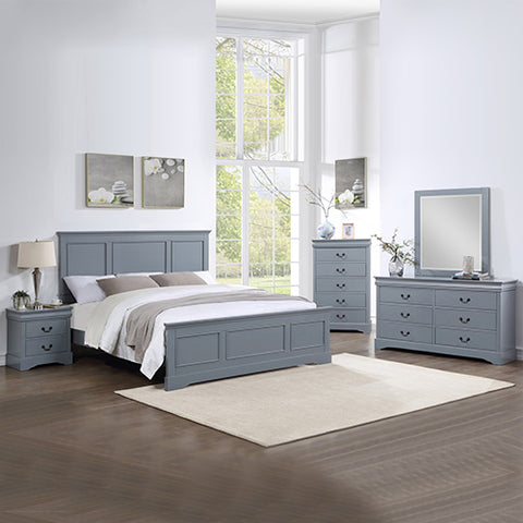 5 Pieces Bedroom Suite in Solid Wood & MDF Queen Size Grey Colour Bed, Bedside Table, Dresser & Tallboy