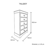 Tallboy with 5 Storage Drawers in Solid Wooden Metal Handles Grey Colour