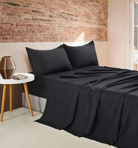 CleverPolly Vintage Washed Microfibre Sheet Set with 2 Pillowcases - Black - Queen