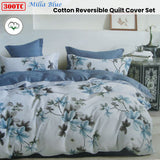 300TC Milla Blue Reversible Cotton Quilt Cover Set Queen