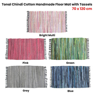 Tonal Chindi Cotton Handmade Floor Mat with Tassels 70 x 120 cm Blue