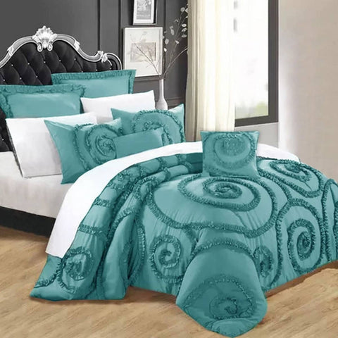 Ramesses Floral Ruffled Teal 7 Pcs Deluxe Comforter Set Queen