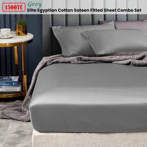 Ramesses 1500TC Elite Egyptian Cotton Sateen Fitted Sheet Combo Set Grey Mega King