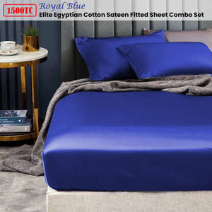 Ramesses 1500TC Elite Egyptian Cotton Sateen Fitted Sheet Combo Set Royal Blue King Single