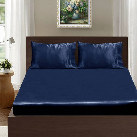 Ramesses Casablanca Satin Fitted Sheet Combo Set Navy Blue Queen