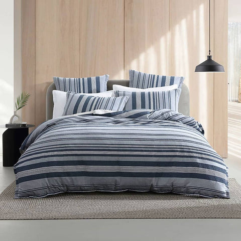 Platinum Collection Hunter Indigo 100% Cotton Seersucker Quilt Cover Set Queen