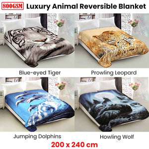 800GSM Luxury Reversible Animal Pattern Mink Blanket Queen 200 x 240 cm Prowling Leopard