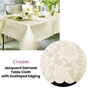 Jacquard Damask Design with Scalloped Edging Table Cloth Cream 140 x 180 cm