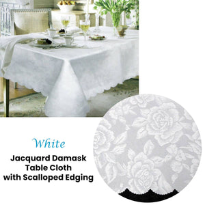 Jacquard Damask Design with Scalloped Edging Table Cloth White 140 x 180 cm