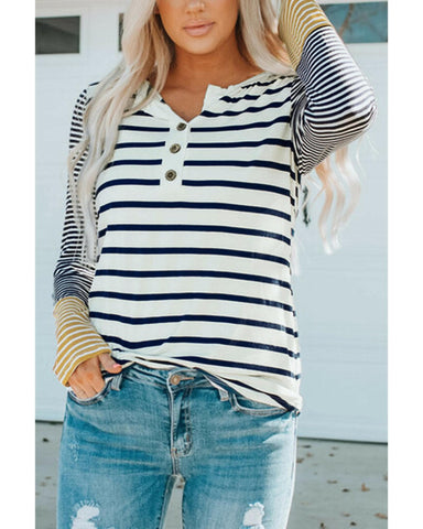 Azura Exchange Stripe Button Henley Top - M