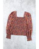 Azura Exchange Smocked Floral Print Long Sleeve Top - L