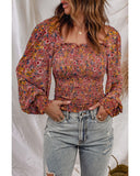 Azura Exchange Smocked Floral Print Long Sleeve Top - L