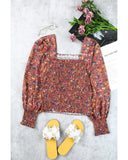 Azura Exchange Smocked Floral Print Long Sleeve Top - L