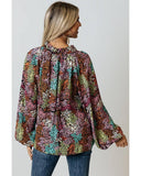 Azura Exchange Vibrant Floral Tie V Neck Puff Sleeve Blouse - M