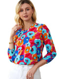 Azura Exchange V Neck 3/4 Sleeve Floral Print Blouse - L