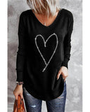 Azura Exchange Heart Shaped V Neck Long Sleeve Top with Rhinestone Embellishment - M