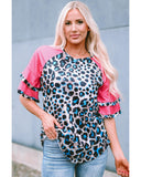 Azura Exchange Layered Ruffle Sleeves Patchwork Leopard Print Blouse - M