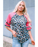 Azura Exchange Layered Ruffle Sleeves Patchwork Leopard Print Blouse - M