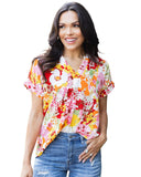 Azura Exchange Floral Print V Neck Short Sleeves Top - L