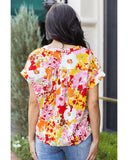 Azura Exchange Floral Print V Neck Short Sleeves Top - L