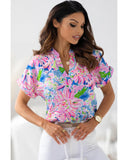 Azura Exchange Abstract Floral Print Notch V Neck Blouse - S