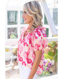 Azura Exchange Ruffled Floral Top with Split Neck and Puff Sleeves - S