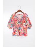 Azura Exchange Flower Print Puff Sleeve Peplum Top - M