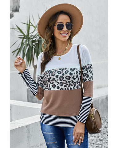 Azura Exchange Leopard Splicing Colorblock Long Sleeve Top - M