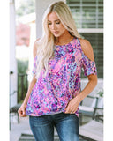 Azura Exchange Lavender Floral Print Cold Shoulder Blouse - L