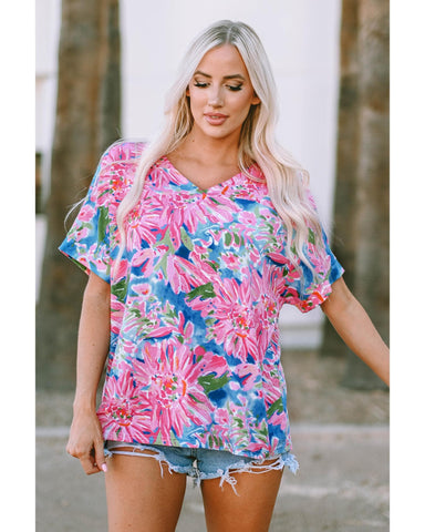 Azura Exchange Loose Fit Floral Print V Neck T Shirt - L