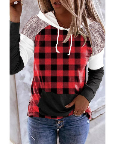 Azura Exchange Plaid Kangaroo Pocket Hoodie with Sequined Splicing - S