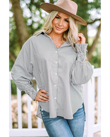 Azura Exchange Striped Boyfriend Shirt with Smocked Cuffs and Pocket - M