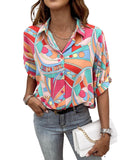 Azura Exchange Abstract Geometry Print Half Puff Sleeve Shirt - M