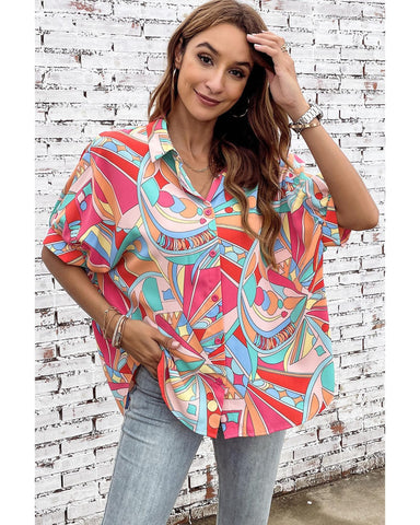 Azura Exchange Abstract Geometry Print Half Puff Sleeve Shirt - S