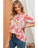 Azura Exchange Boho Flower Print Puff Sleeve Top - S