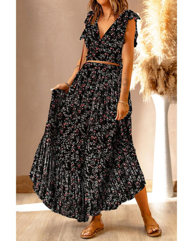 Azura Exchange Floral Ruffled Crop Top and Maxi Skirt Set - M