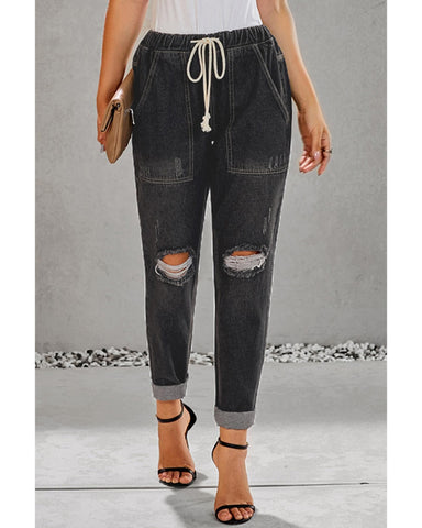 Azura Exchange Distressed Denim Jogger with Pocket Detail - L