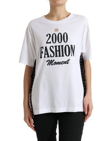 Dolce & Gabbana Women's White Slogan Print Lacing Detailed T-shirt - 38 IT