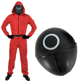 Adult Squid Game Guard Tracksuit Red Full Party Costume Set w/ Mask - Circle Mask - S/M