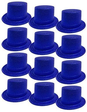 12x GLITTER TOP HAT Fancy Party Plastic Costume Tall Cap Fun Dress Up BULK - Blue