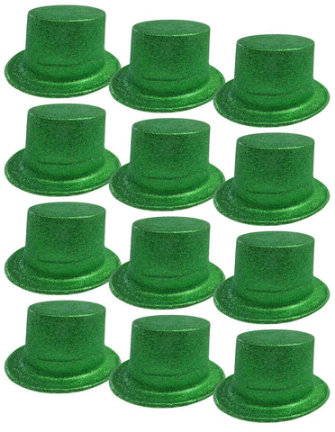 12x GLITTER TOP HAT Fancy Party Plastic Costume Tall Cap Fun Dress Up BULK - Green