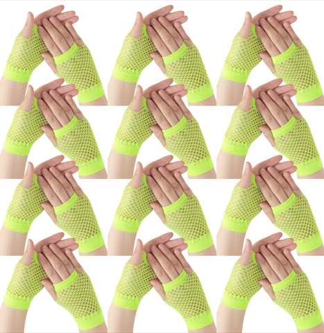 12 Pair Fishnet Gloves Fingerless Wrist Length 70s 80s Costume Party - Fluro Yellow