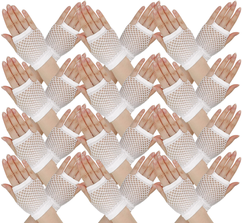 12 Pair Fishnet Gloves Fingerless Wrist Length 70s 80s Costume Party - White