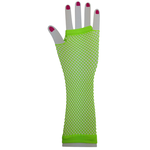 FISHNET GLOVES Fingerless Elbow Length 70s 80s Womens Costume Party Dance - Fluro Green - One Size