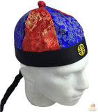 CHINESE LANDLORD HAT Oriental Asian Cap w Ponytail Party Costume Traditional - Blue/Red